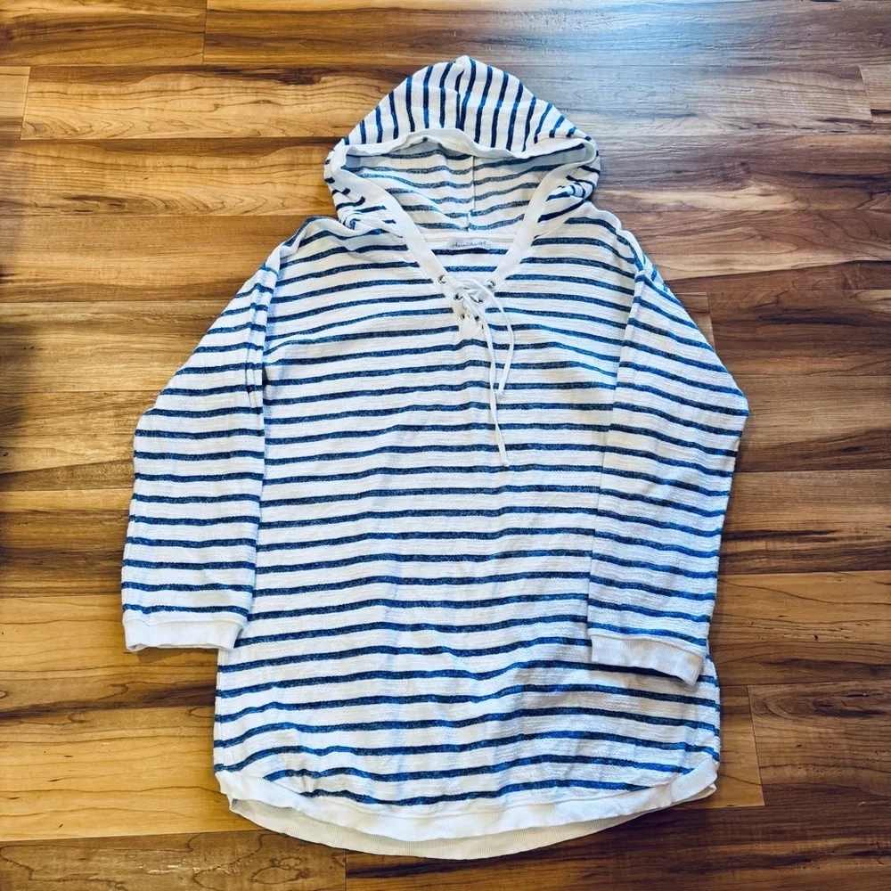 Keren Hart Striped Hooded Lace Up Top Blue White Size XL - Picture 2 of 9